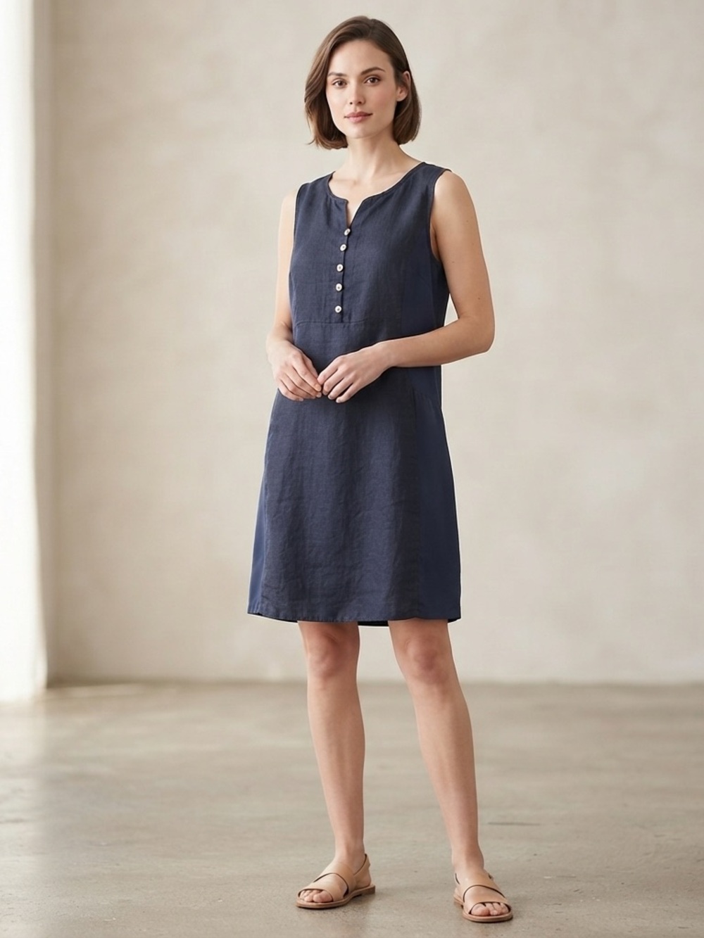 Terzo Millennio Italy Luxury Linen Shift Dress Navy Blue M 44 Lagenlook